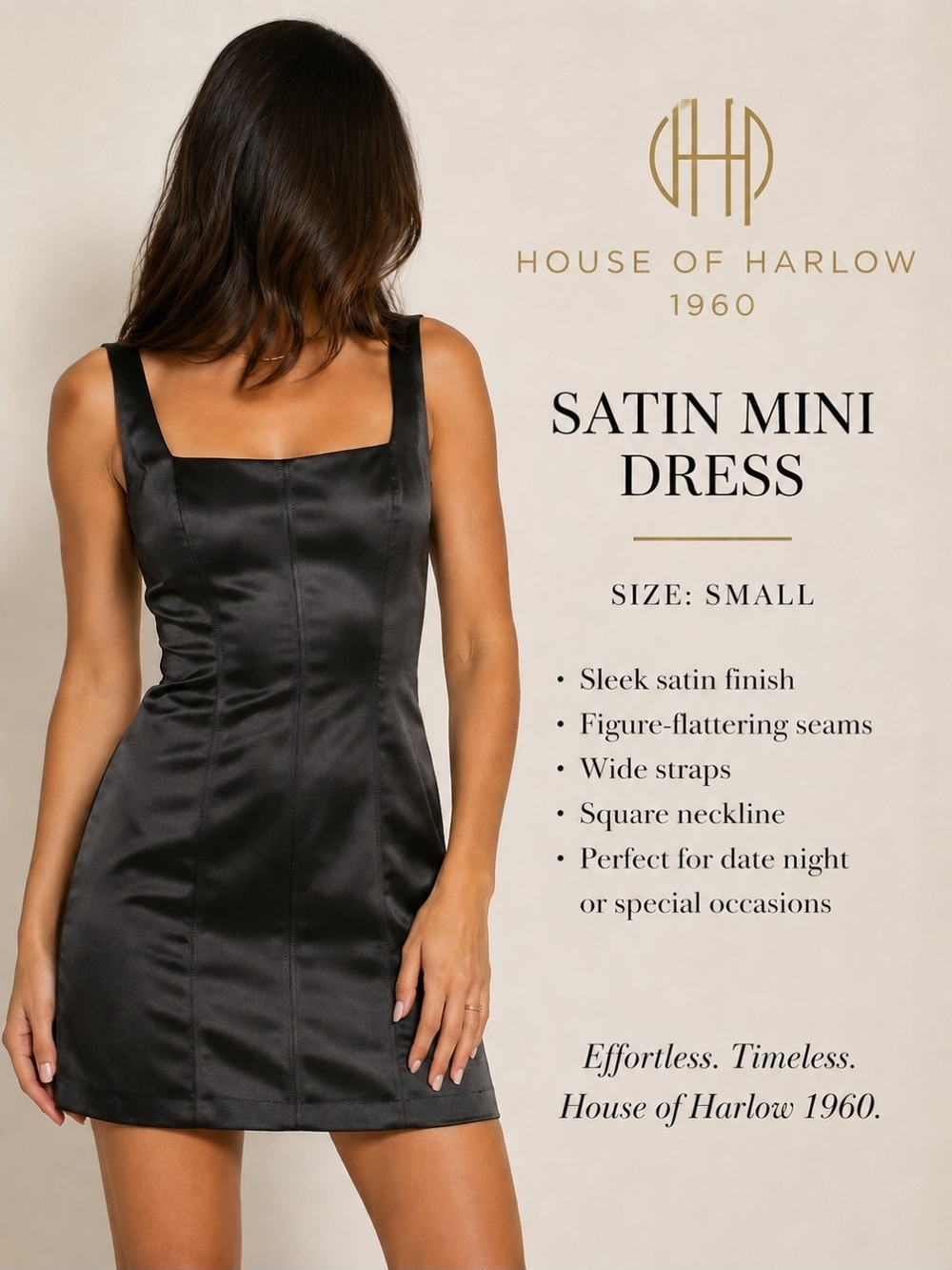 House of Harlow 1960 Black Satin Square-Neck Mini Dress